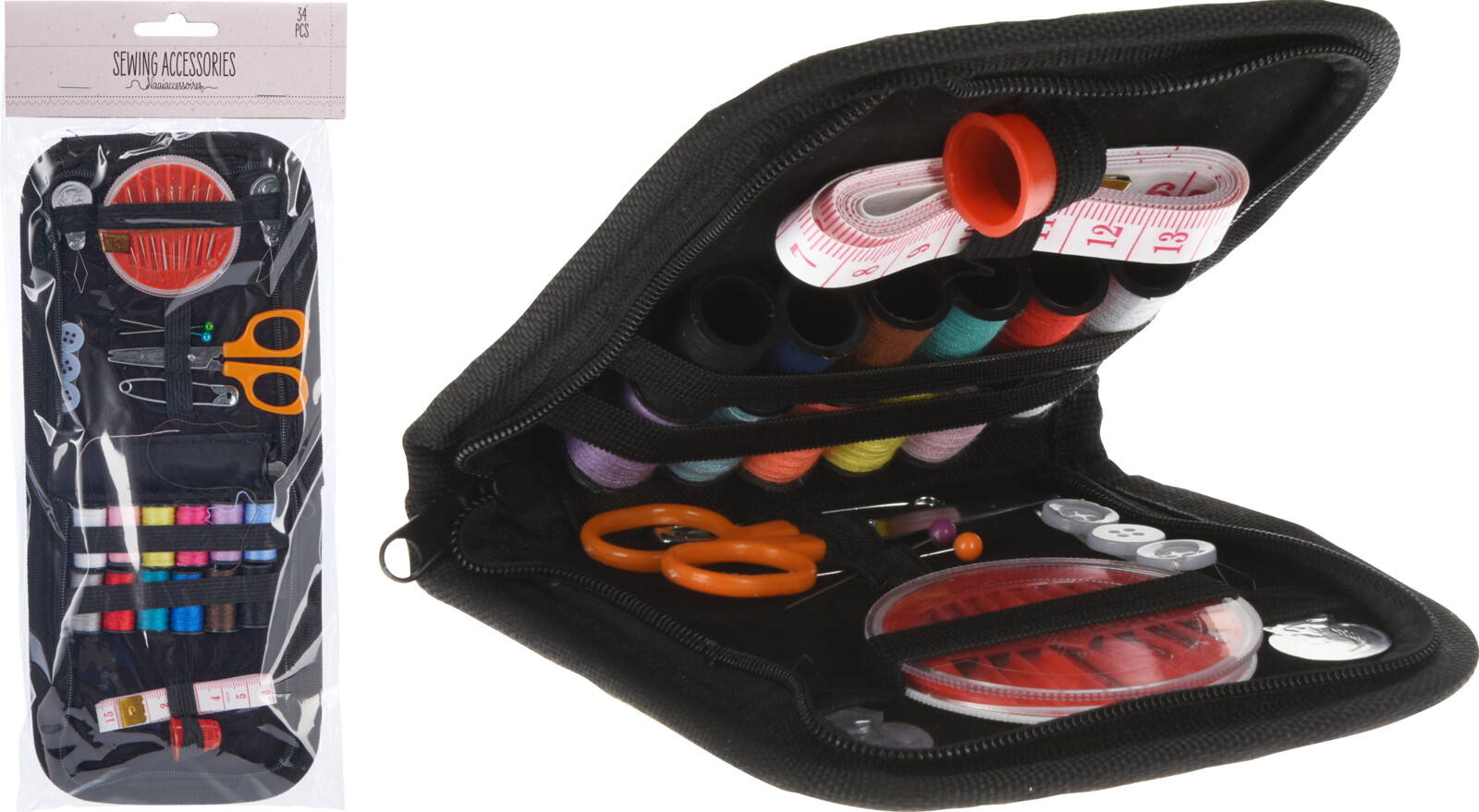 Дорожній набір для шиття, 34 предмети, у чорному чохлі на блискавці, 159200350