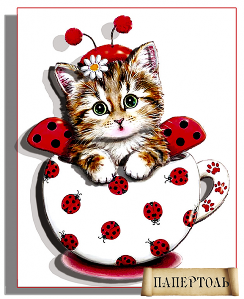 Объемная картина из бумаги 173 «Кото-чашка Божья коровка» 10*12 см, РТ150094, ТМ «Tela Artis»