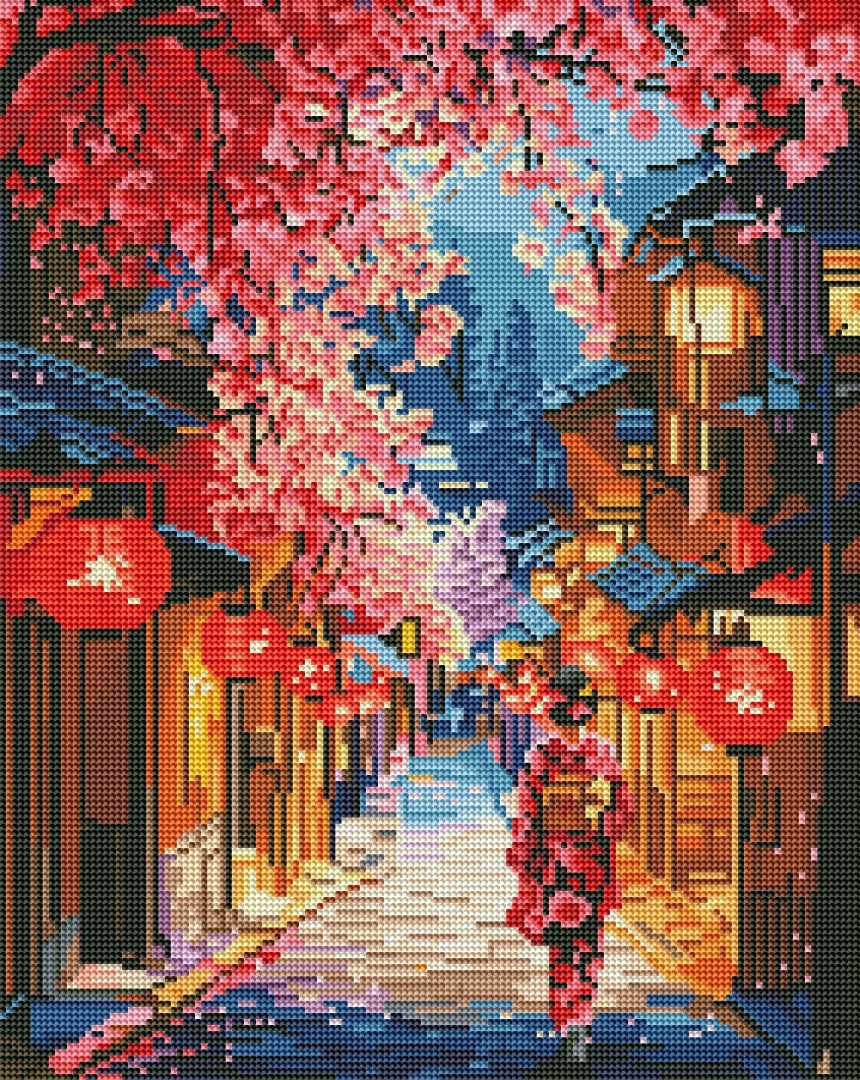 Алмазная мозаика на черном полотне 40*50 см «Улица в сакуре», DBS54006