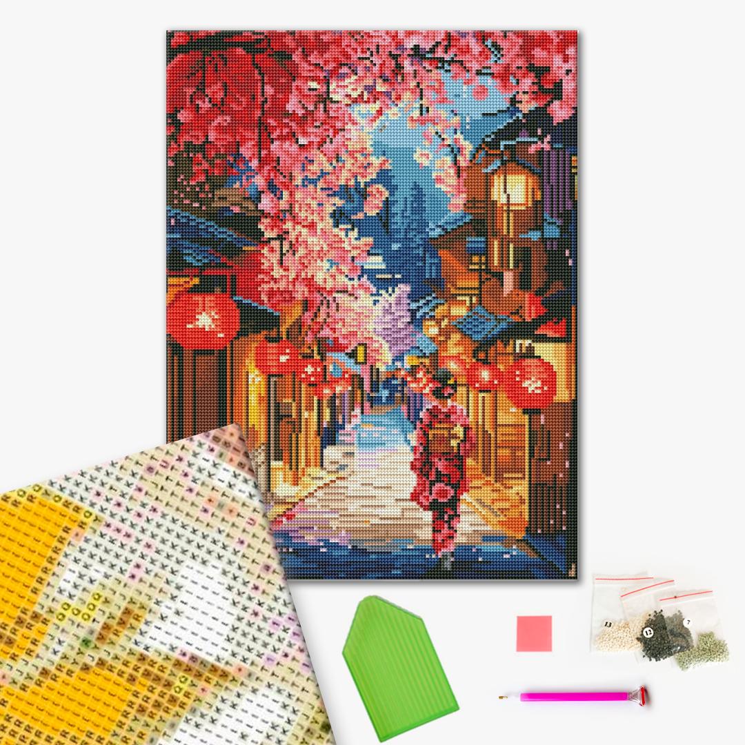 Алмазная мозаика на черном полотне 40*50 см «Улица в сакуре», DBS54006 1