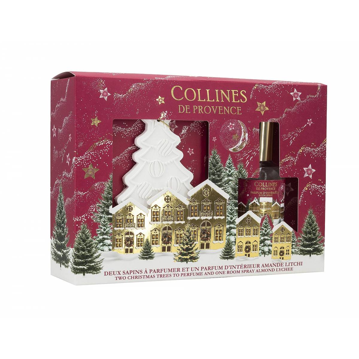 Подарунковий  набір:  спрей  для  кімнати  "Лічі-мигдаль"  50  мл,  керамічні  ялинки  2  шт,  C4373ALI,  Collines  de  Provence