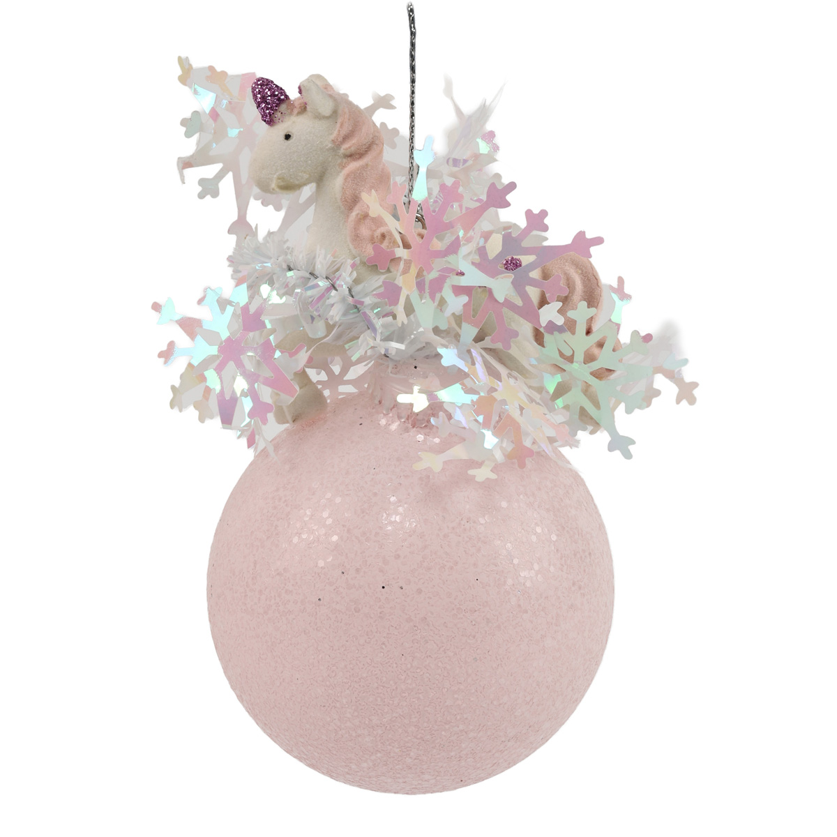 Ялинкова прикраса Куля 6,5 см з глітером та єдинорогом зверху (3 види), 77292