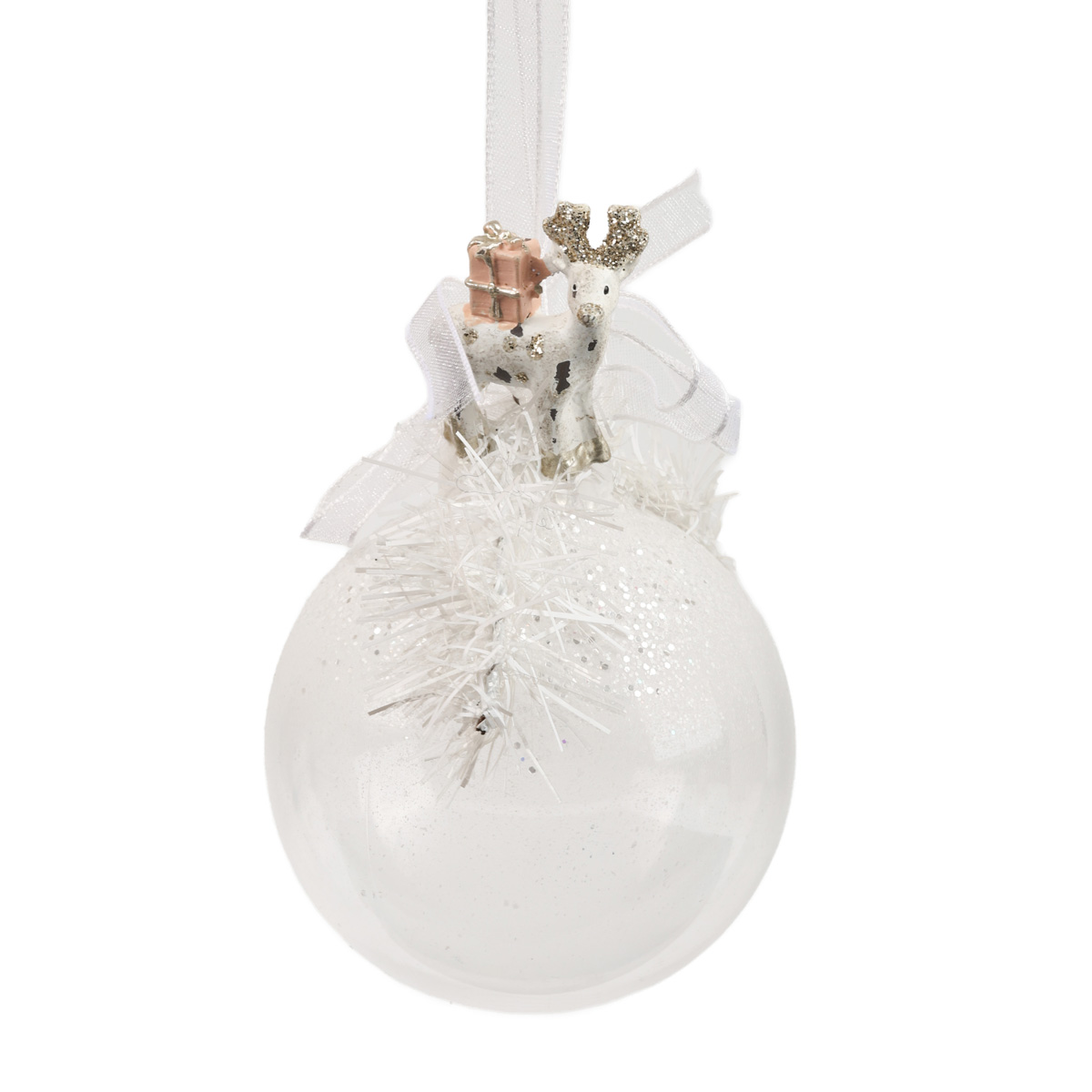 Ялинкова прикраса Куля прозора 6,5 см з білим оленем зверху та бантом, 5636