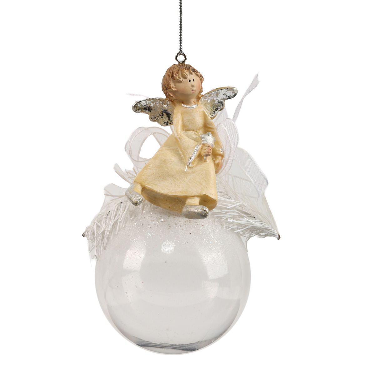 Ялинкова прикраса Куля прозора 6,5 см з янголом-дівчиною золот./срібною, 5737
