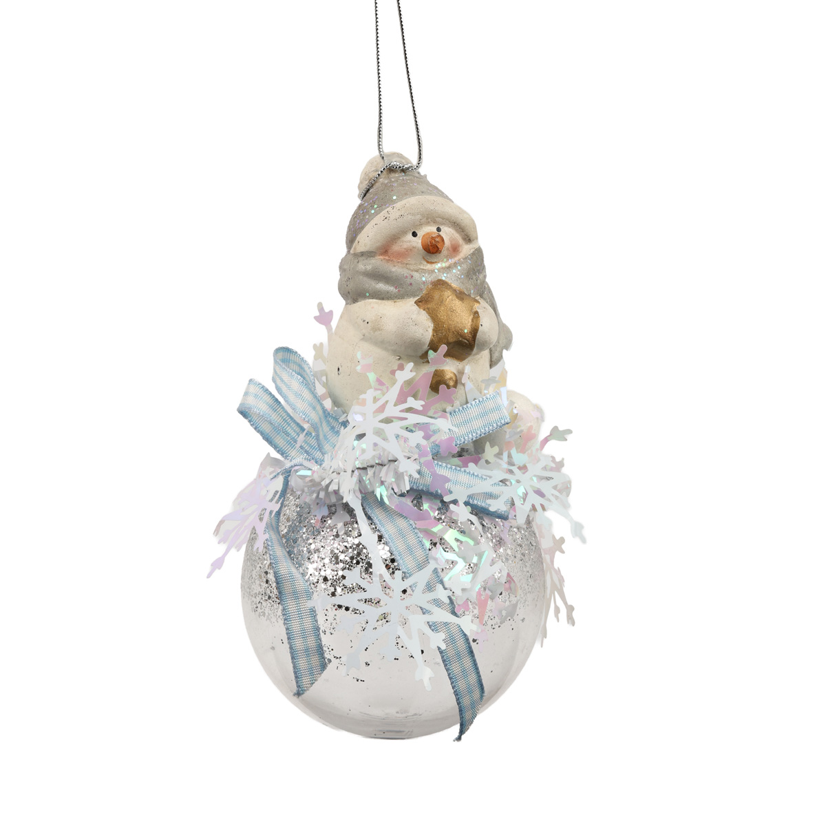 Ёлочное украшение Шар прозрачный 6,5 см со снеговиком-малышом сверху, голубой/розовый, 5491