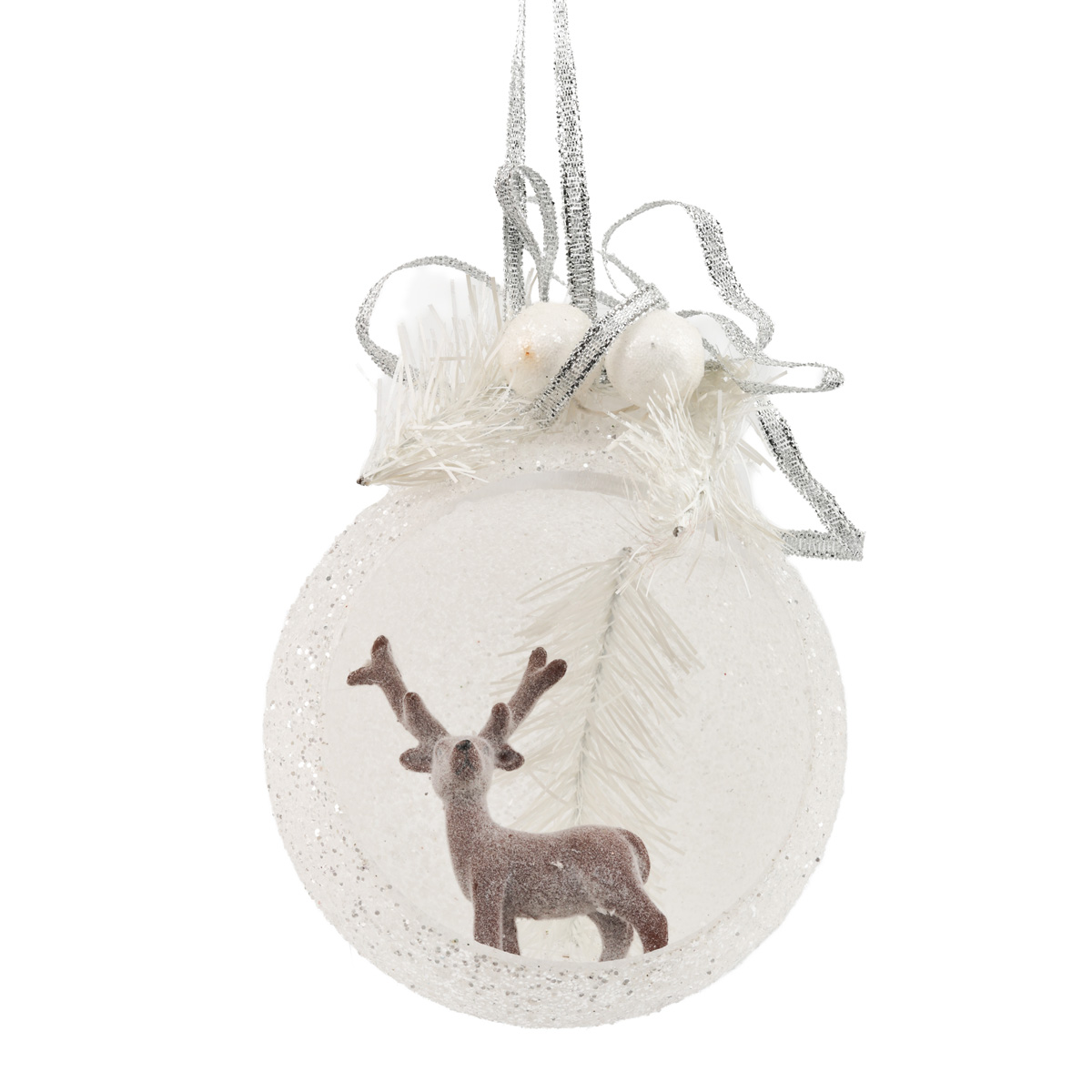Ёлочное украшение Шар прозрачный открытый 8,5 см с серым оленем всередине, веточками и ягодами, 5497