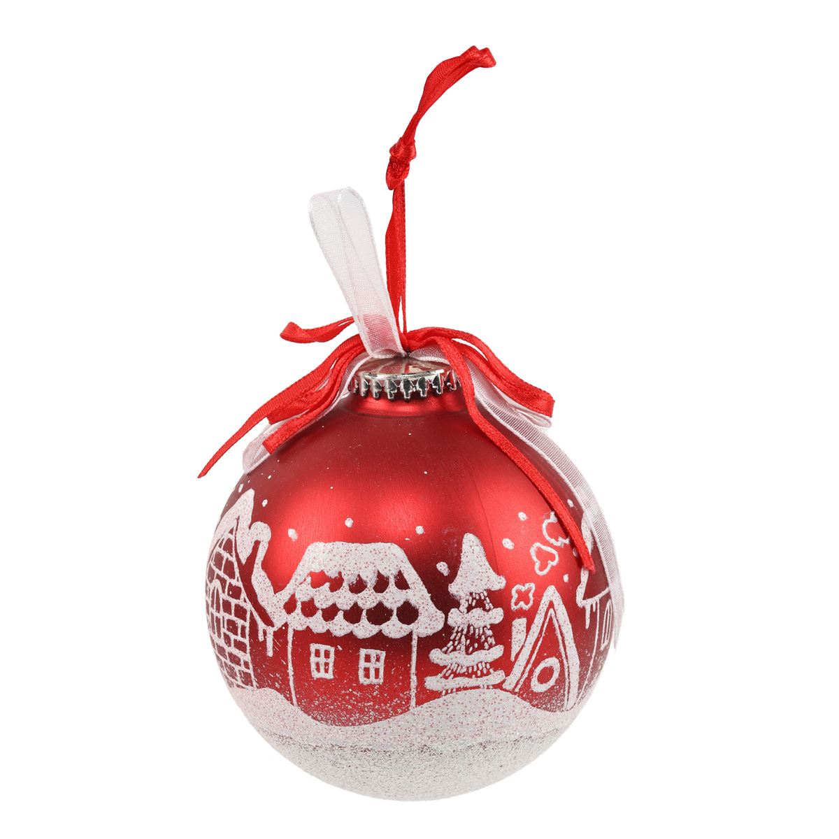 Ялинкова прикраса Куля скляна "Зимове селище" 8,5 см з бантом, червоний (2 види), 77028