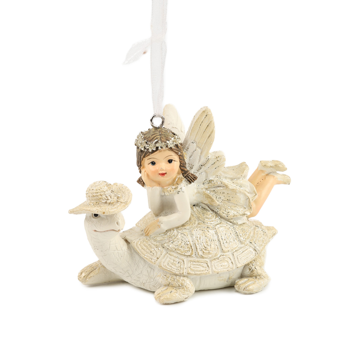 Подвеска декоративная "Эльф на Черепахе" 9,5 см, белый с шампанью, 707-909