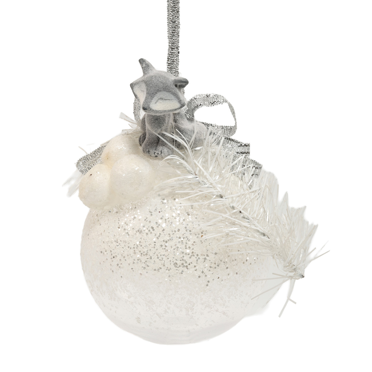 Ёлочное украшение Шар прозрачный 6,5 см с лисичкой сидячей сверху и серебрянным бантом, 5529