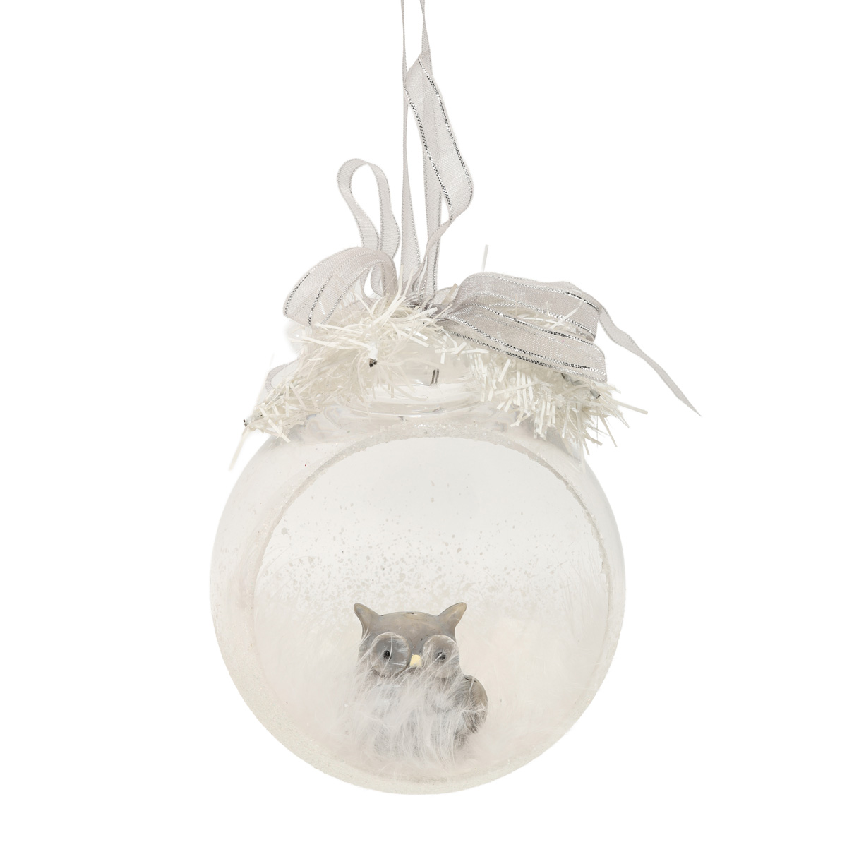 Ёлочное украшение Шар прозрачный открытый 8,5 см с совой всередине, перьями, веточками и бантом, 5624