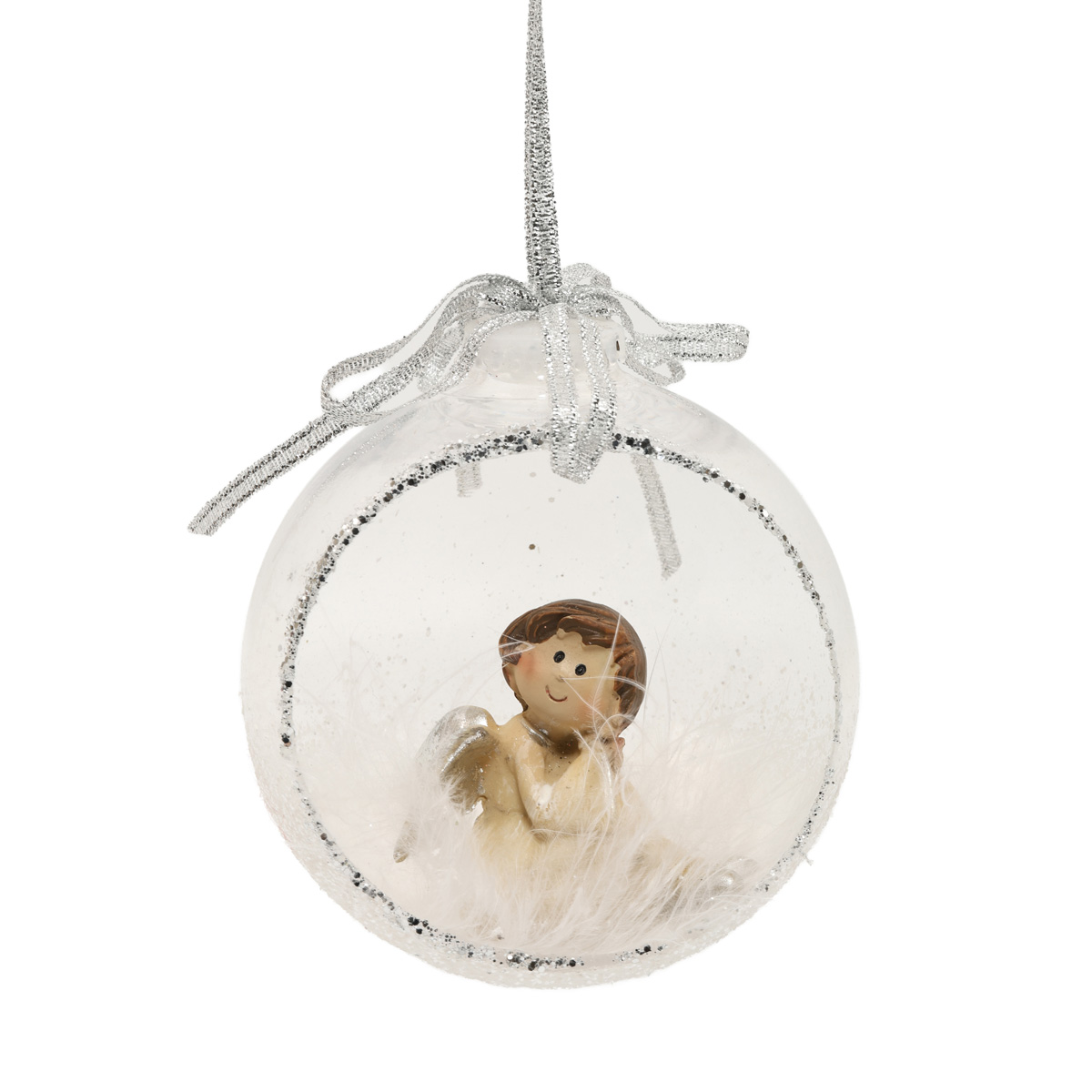 Ёлочное украшение Шар прозрачный открытый 9,5 см с девочкой-ангелом всередине, серебрянно-белый, 5675