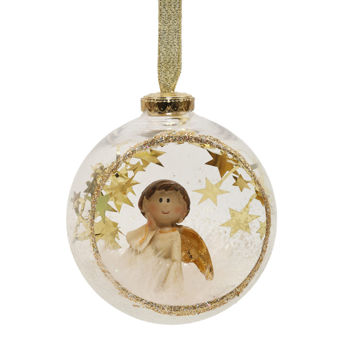 Ёлочное украшение Шар прозрачный открытый 9,5 см с ангелом-девочкой всередине, золотой/серебрянный, 5741