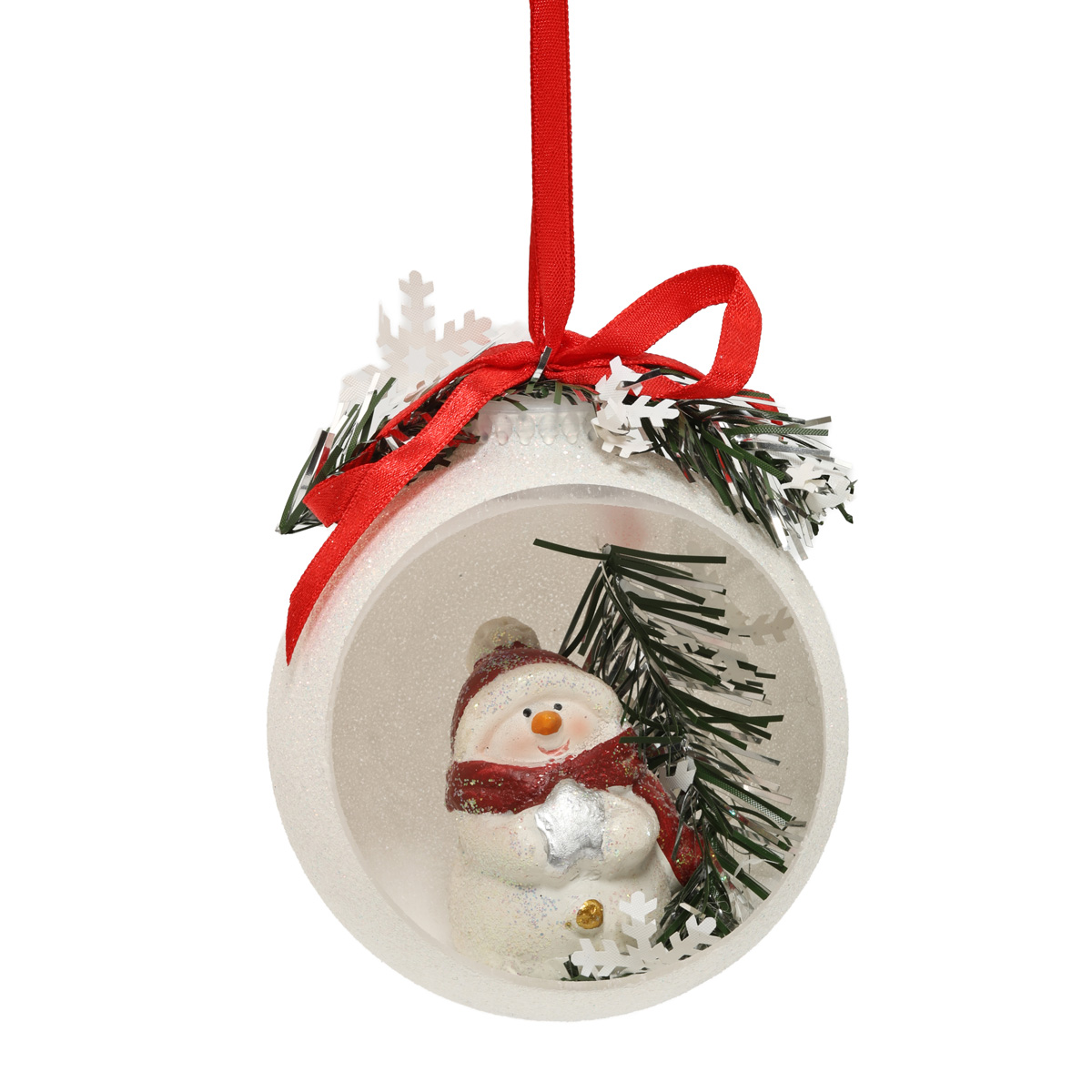 Ёлочное украшение Шар снежный открытый 8,5 см со снеговиком всередине, веточками и бантом, 5605