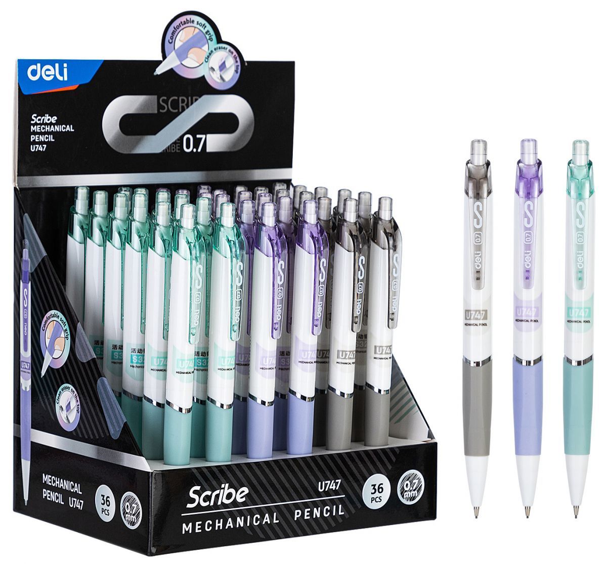 Олiвець механічний 0,7 мм, мiкс, Linfini резиновий грип з ласт. Deli EU747, 84273 5