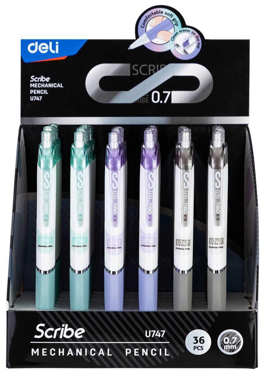 Олiвець механічний 0,7 мм, мiкс, Linfini резиновий грип з ласт. Deli EU747, 84273 6