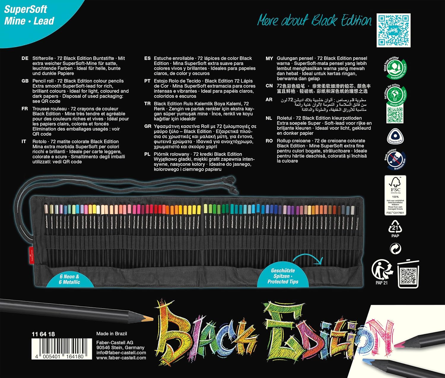 Карандаши 72 цв. трехгранные Roll, черное дерево в тканевом пенале 116418, Faber-Castell 6