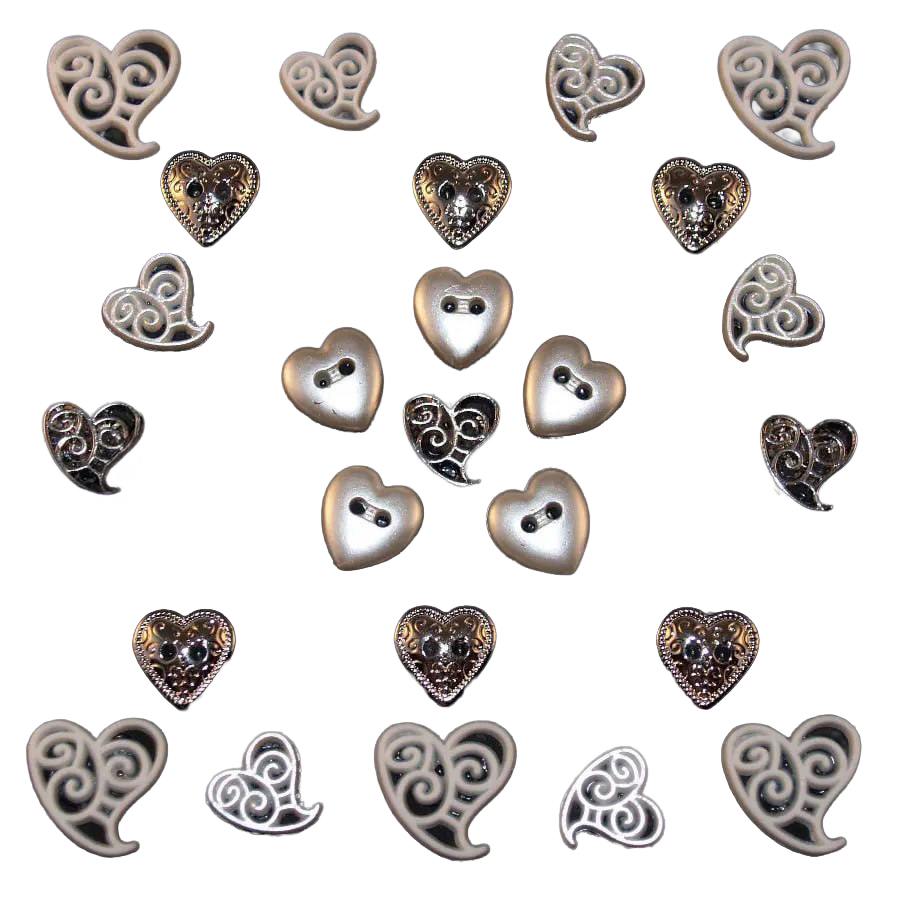 Декоративные пуговицы "Сердца" (белый/серебро) 3131, ТМ "Волшебный миг"