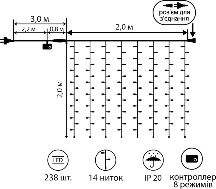 Электрогирлянда штора "Novogod`ko" 2*2 м, 238 LED, 8 реж., теплый белый, 973766 1