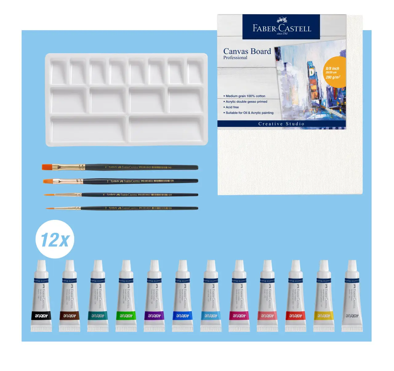 Фарба акрилова 12 кол. Creative Studio, з 4 пензликами та полотном,12 туб*9 мл, 379280 Faber-Castell 1