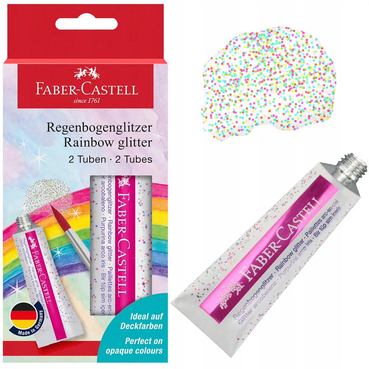 Фарба з блискітками для декору, Rainbow glitter tube, 2 туба по 12 мл, 125089, Faber-Castell
