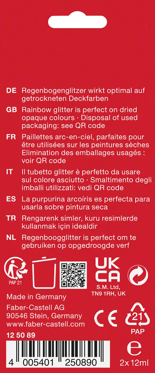 Фарба з блискітками для декору, Rainbow glitter tube, 2 туба по 12 мл, 125089, Faber-Castell 6
