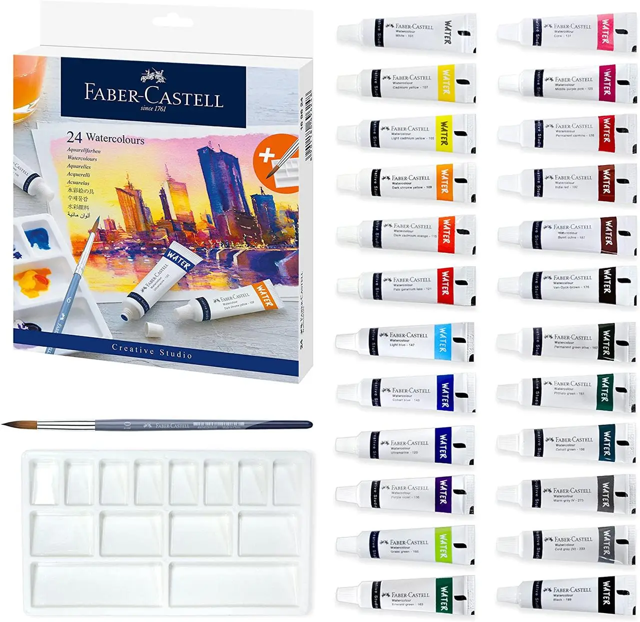 Фарби акварельні 24 кол. Watercolours, в тубах по 9 мл + палітра та пензлик, 169624 Faber-Castell 1