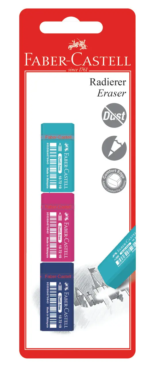 Гумка вінілова Dust-free Trend Mini, 3 гумки різних кольорів в блістерній упаковці, 187290, Faber-Castell 6