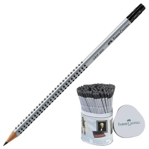 Карандаш чернографитный GRIP2001 В с резинкой, серый, 117201, Faber-Castell 6