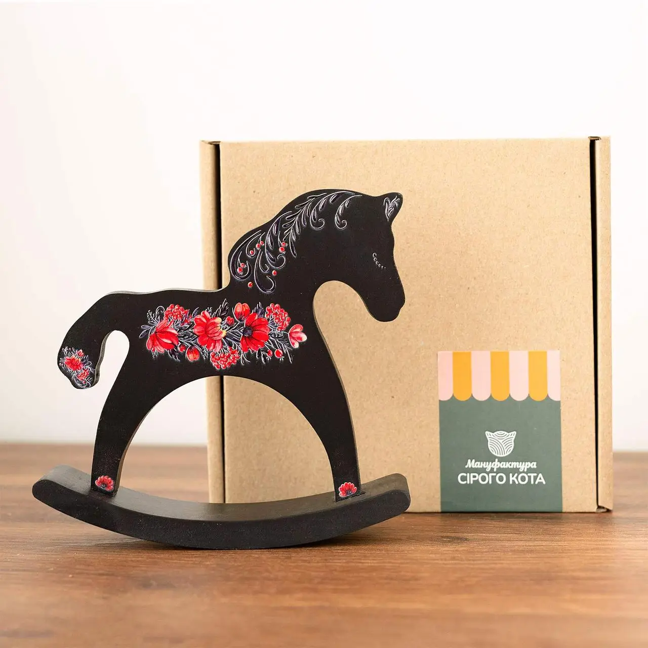 Лошадка-качалка деревянная «Цветы» (черная) 3
