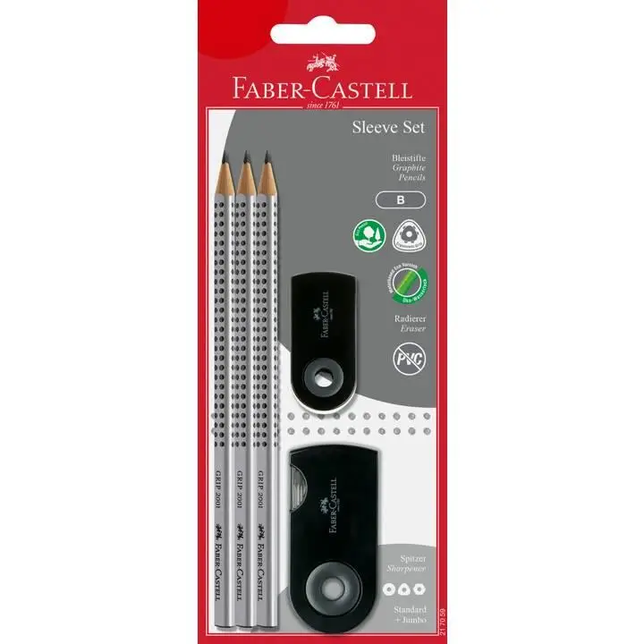 Набор GRIP 2001 карандаш чернографитный В 3 шт Black + чинка 182710 1 шт+ резинка 182410 1 шт, в блистере, 217059 Faber-Castell