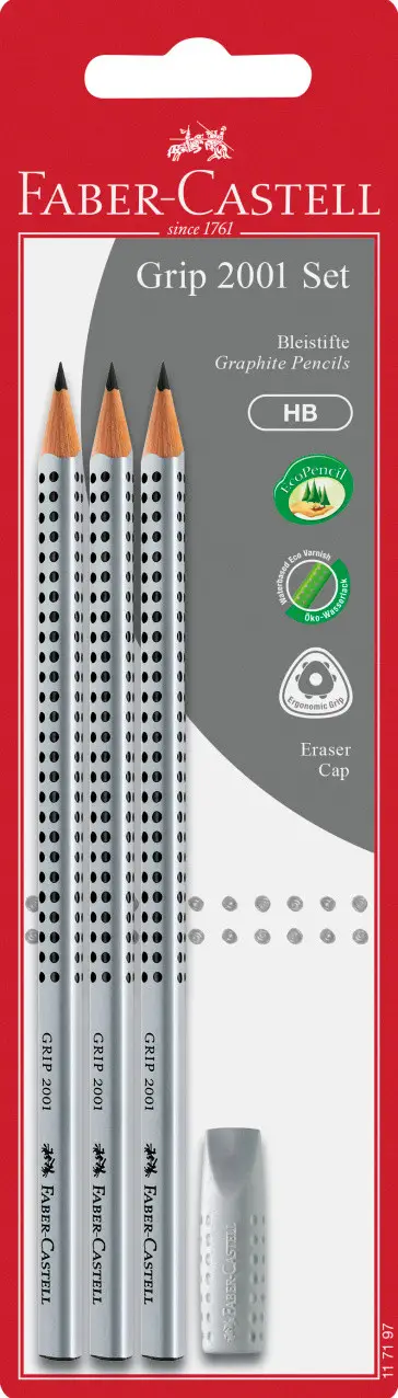 Набор чернографитных карандашей GRIP 2001 карандаш черногр., 2В GRIP2001 3 шт + резинка 187100 1 шт, в блистере, 117197 Faber-Castell