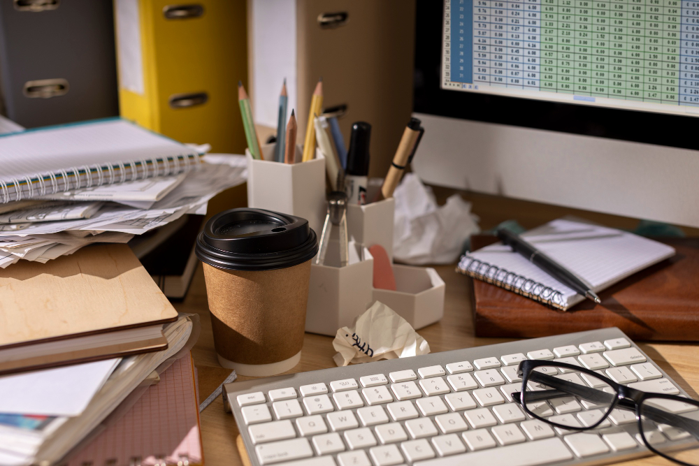 Робочий стіл із канцелярським приладдям