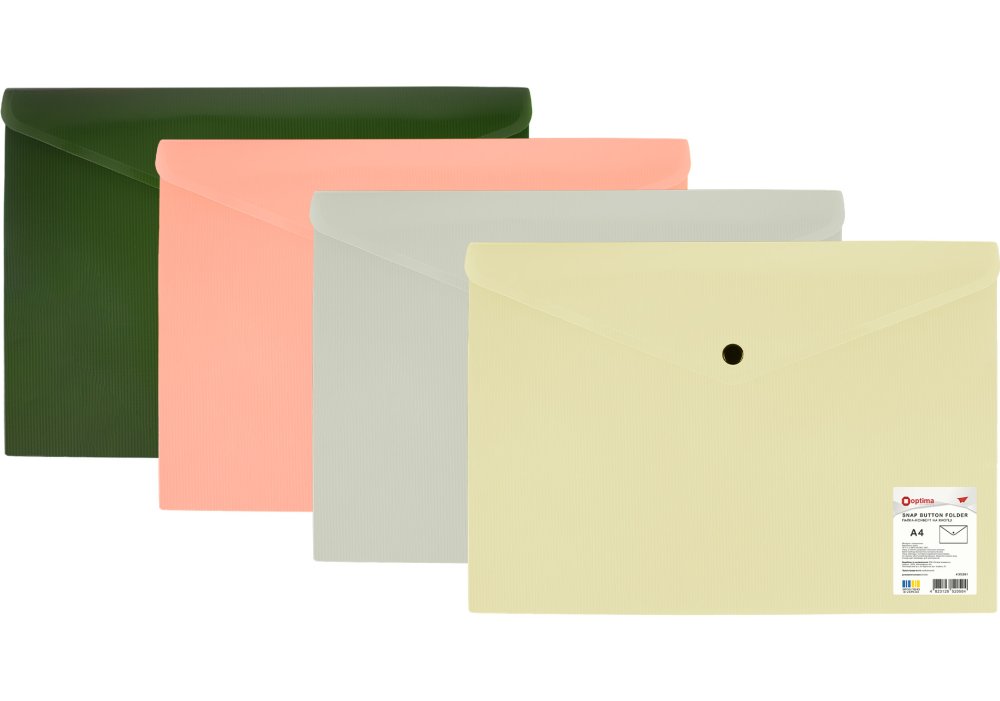 Папка-конверт А4 непрозора  на кнопці Optima "СМУГА", 180 мкм, асорті, O35261