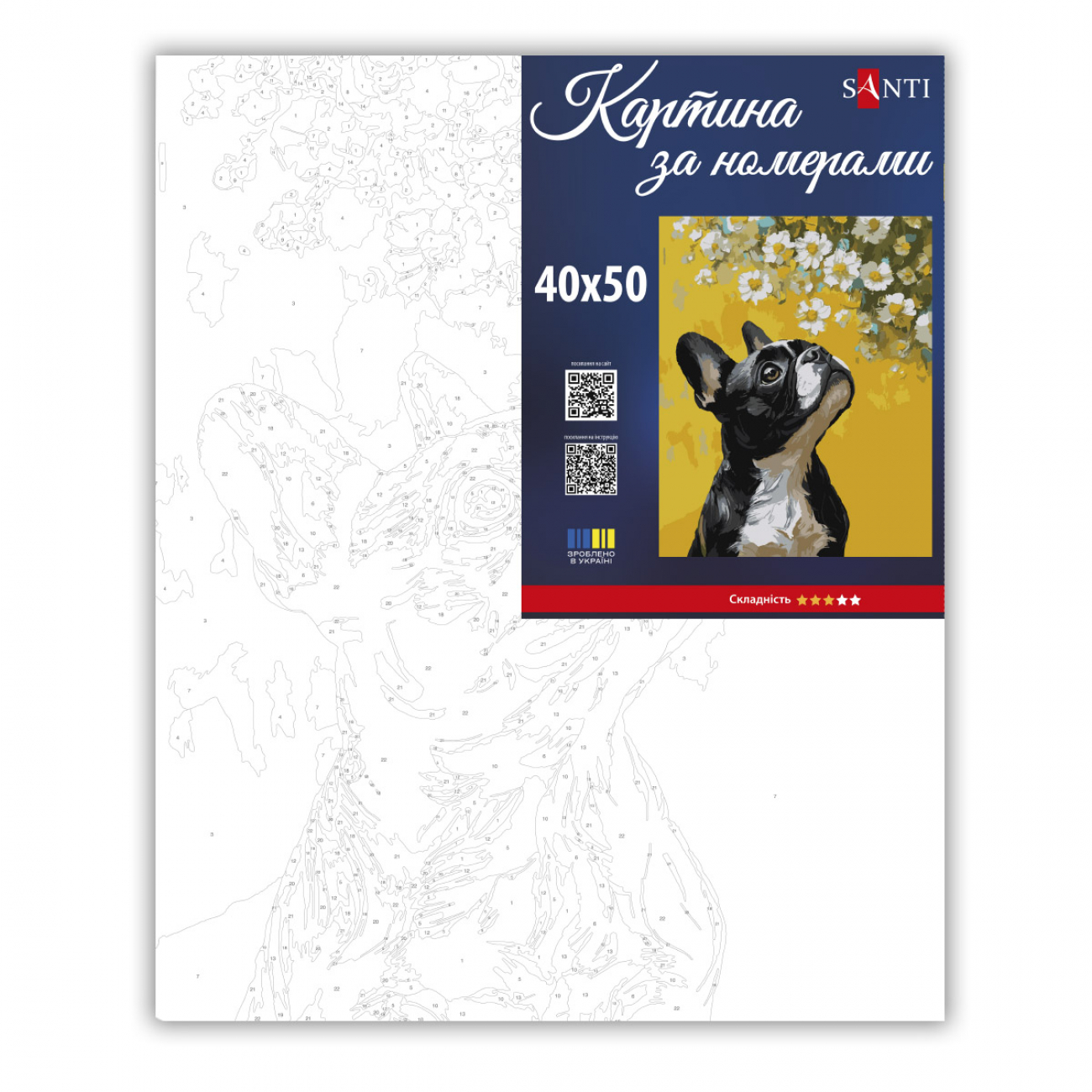 Картина за номерами SANTI "Бульдог і квіти" 40*50 см, 955746 1