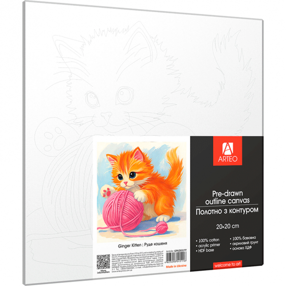 Полотно грунтованное с контуром, 20*20 "Рыжий котенок" хлопок, мелкое зерно, на основе ХДФ, Arteo 1