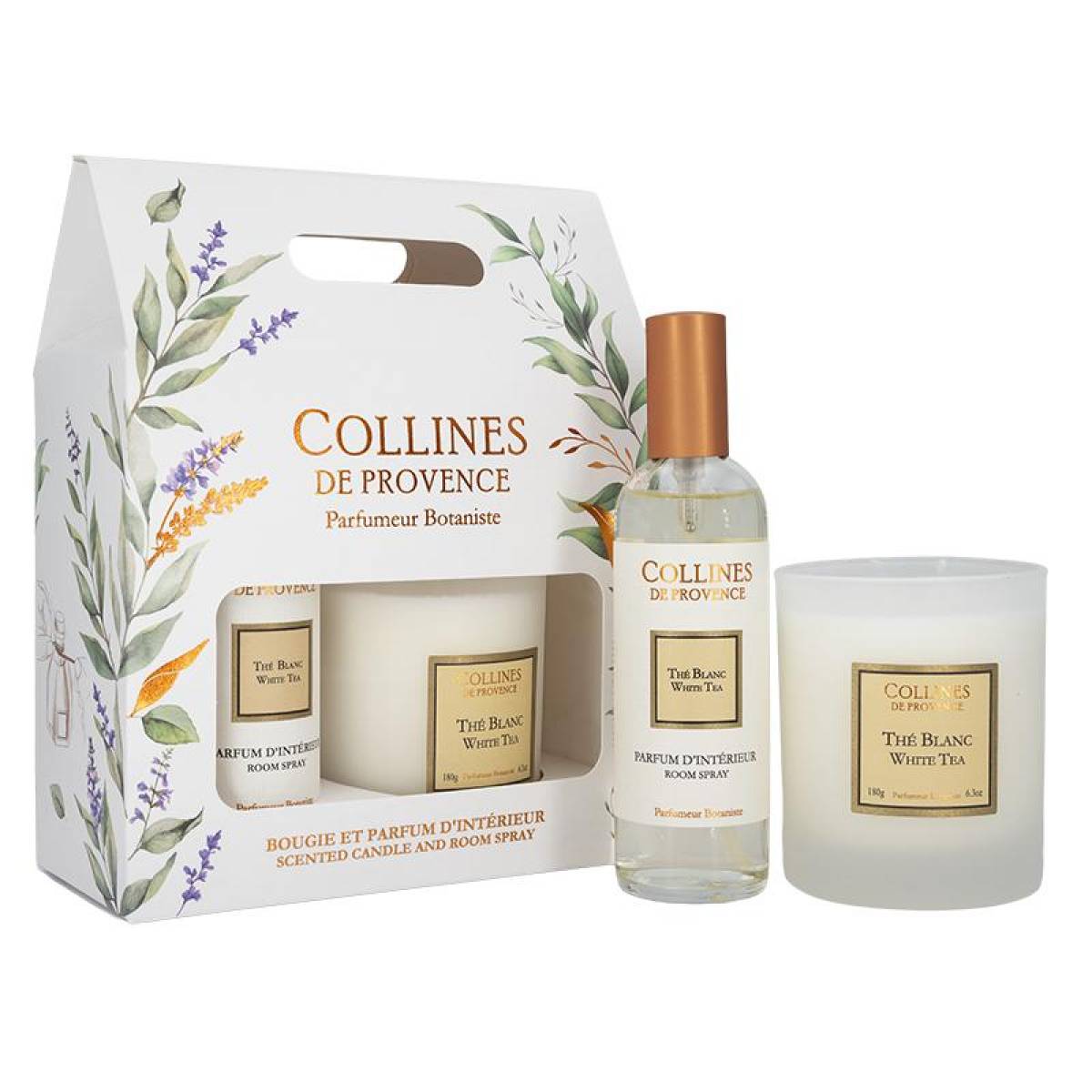 Подарунковий набір "Білий чай" Collines de Provence: спрей 100 мл, свічка 180 г, C0126TBL