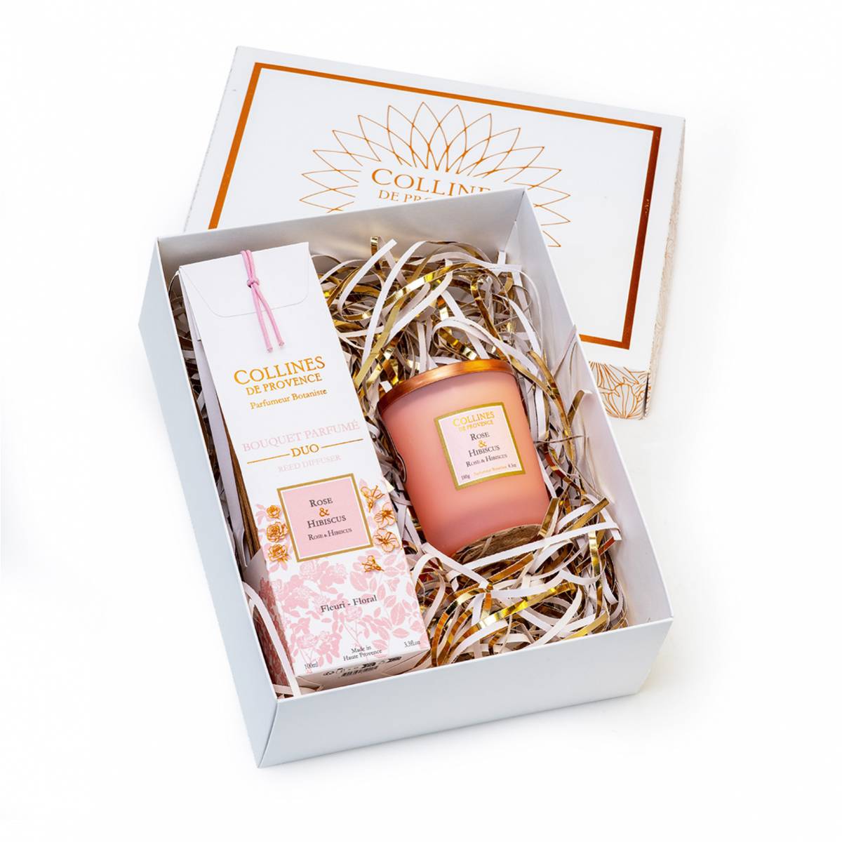 Подарунковий набір "Троянда і Гібіскус" Collines de Provence: дифузор 100 мл, свічка 180 г, A2502RH