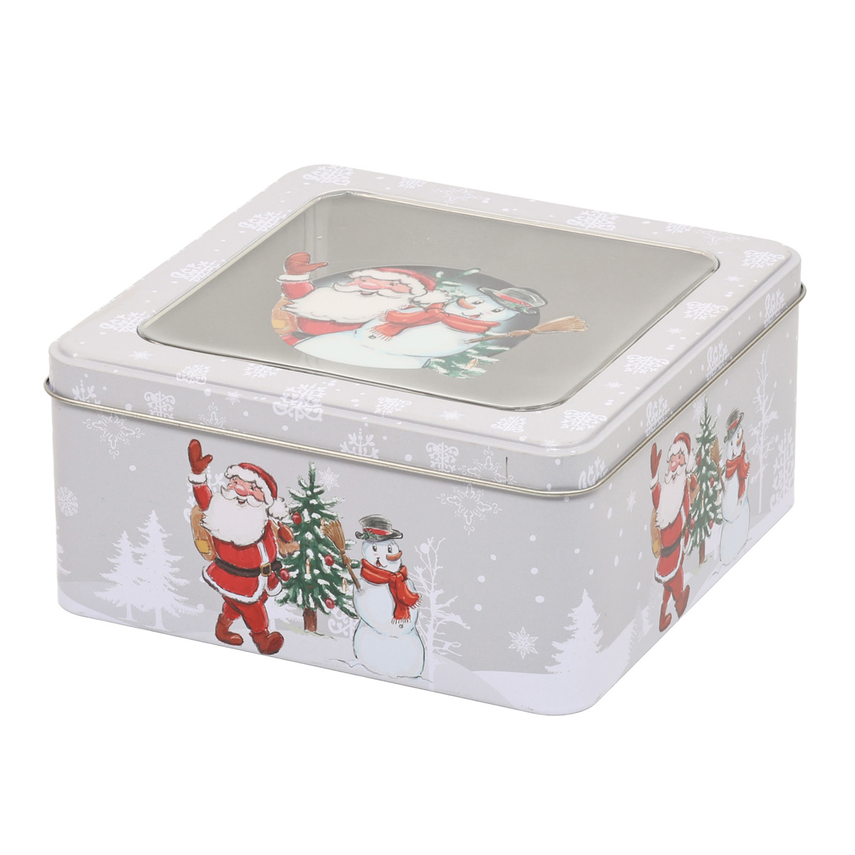 Подарочная коробка новогодняя металлическая 17,7*17,7*8,6 см с прозрачной крышкой, белый, 170481670