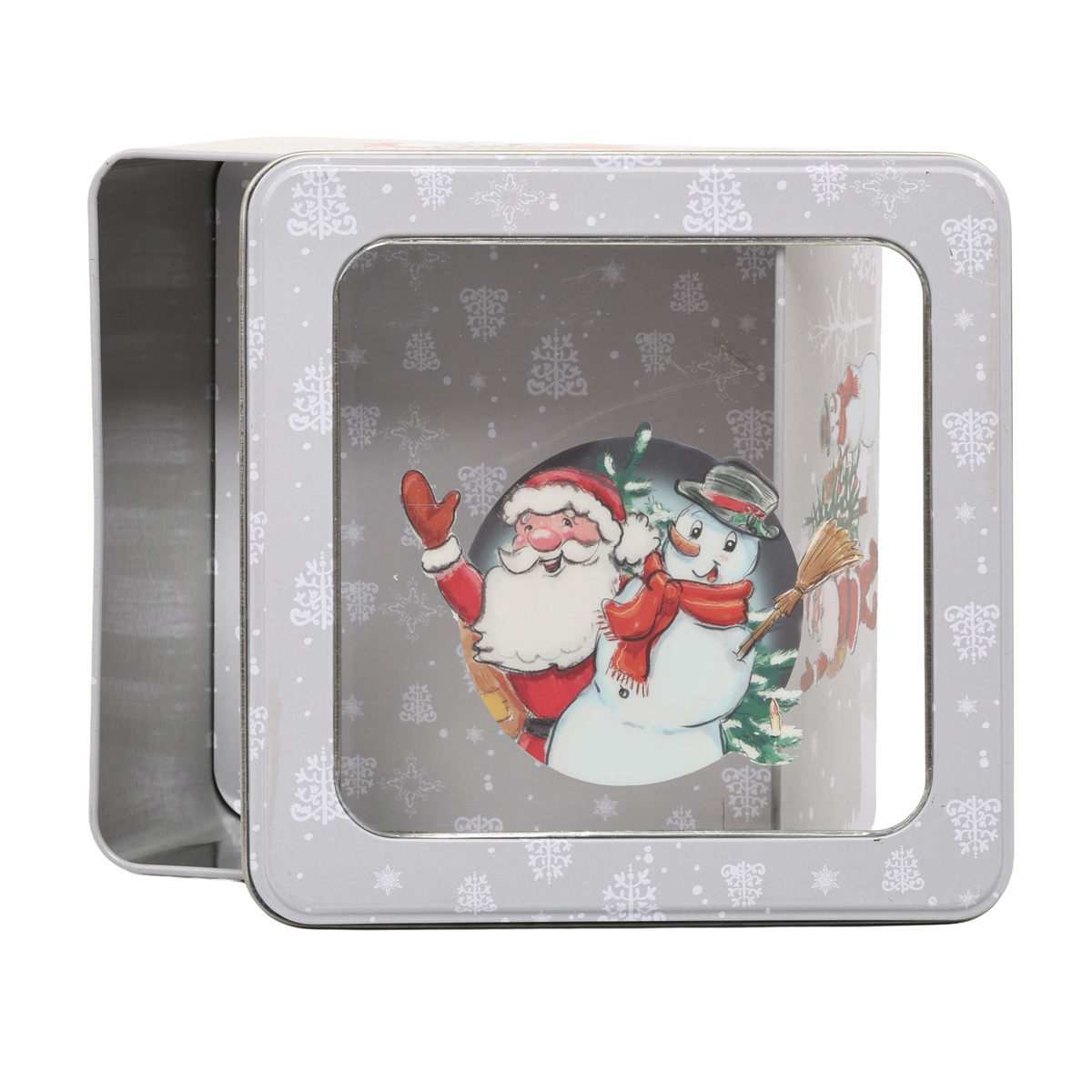 Подарункова коробка новорічна металева 17,7*17,7*8,6 см з прозорою кришкою, білий, 170481670 1