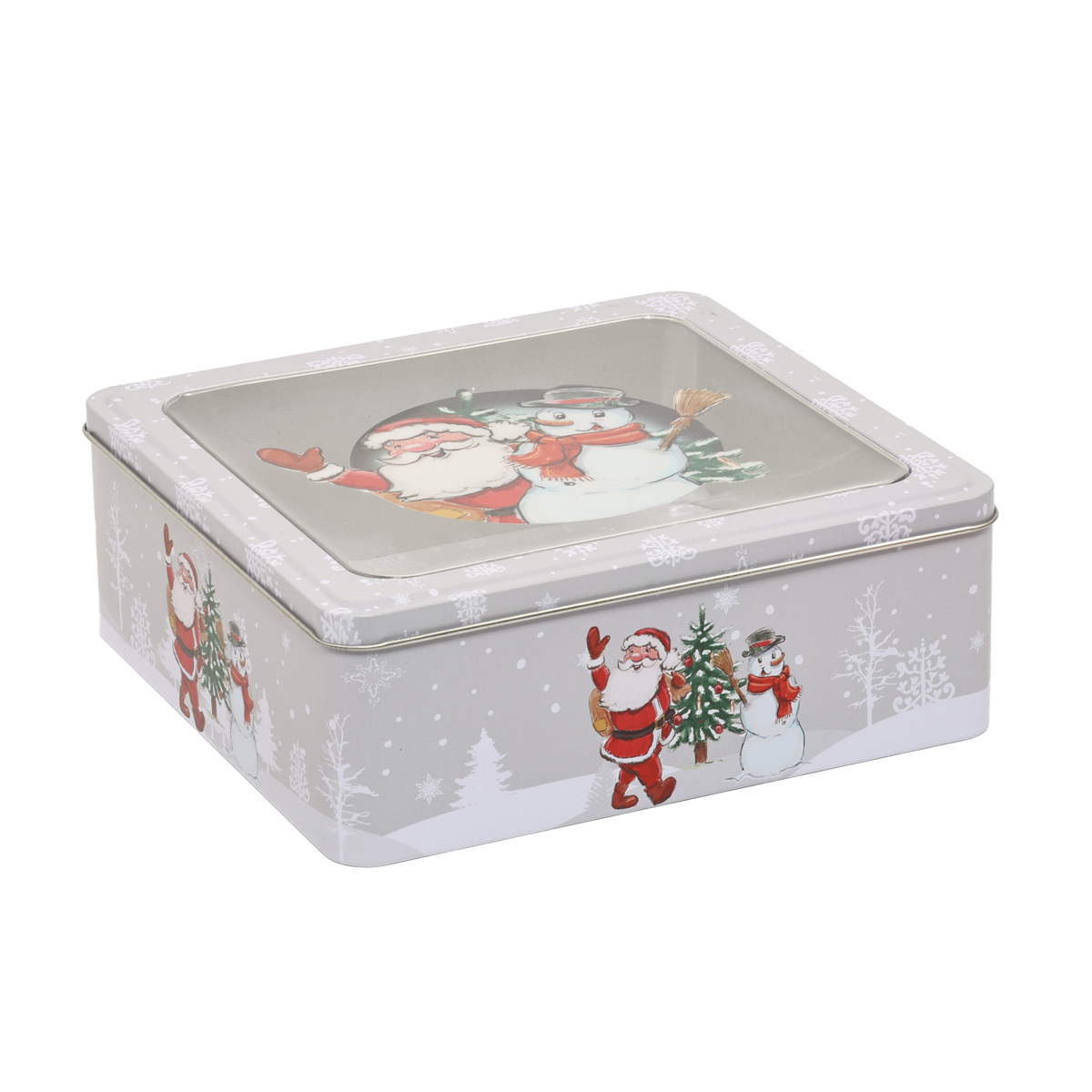 Подарочная коробка новогодняя металлическая с прозрачной крышкой, квадратная, белый, 170481660