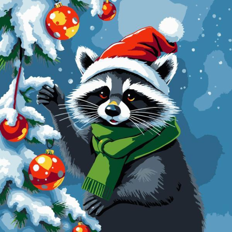 Набір для розпису по номерах 30*30 см "Єнот прикрашає ялинку", ES-0898, ТМ "Strateg"