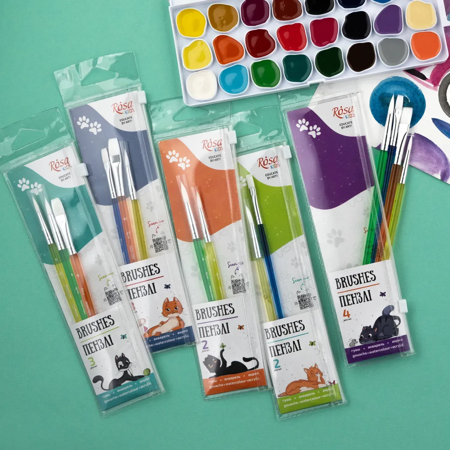 Набор кистей 4, синтетика, 3шт: круглая (№6), плоская (№6,10), ROSA Kids 5