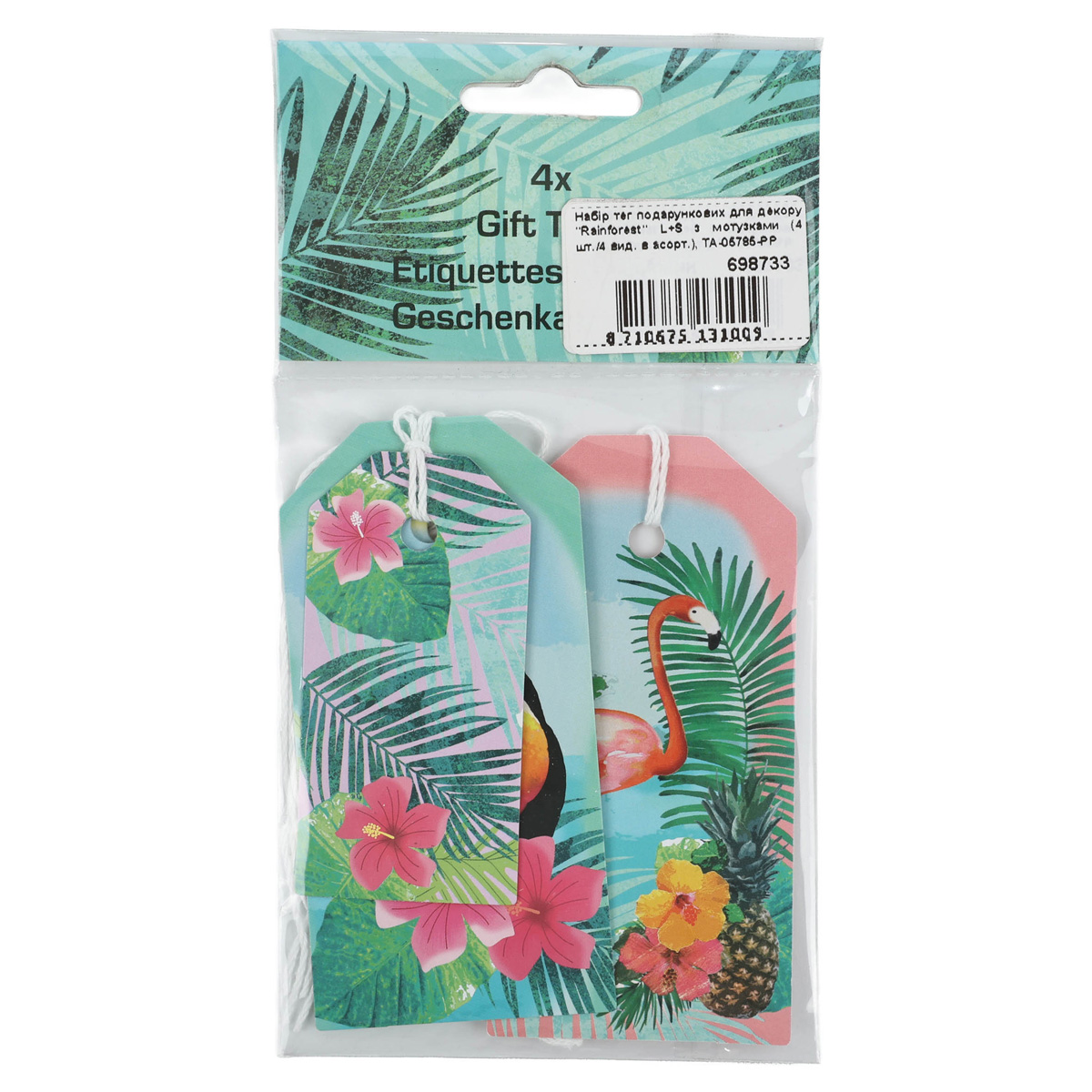 Набір тег подарункових для декору "Rainforest" L+S з мотузками (4 шт./4 вид. в асорт.), TA-05785-PP