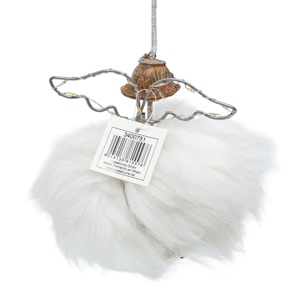 Подвес новогодний Ангел, 13*13*13 см, светодиодное крыло, меховой белый, 3400751 Pusteblume 1