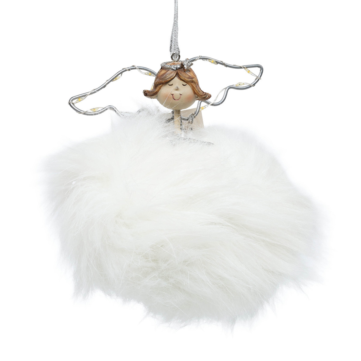 Подвес новогодний Ангел, 13*13*13 см, светодиодное крыло, меховой белый, 3400751 Pusteblume