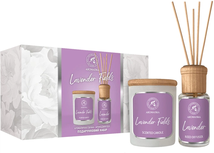 Подарунковий набір "Лавандові поля": аромадифузор 50 мл та ароматична свічка 100 гр