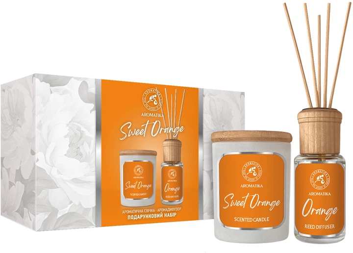 Подарунковий набір "Солодкий апельсин": аромадифузор 50 мл та ароматична свічка 100 гр