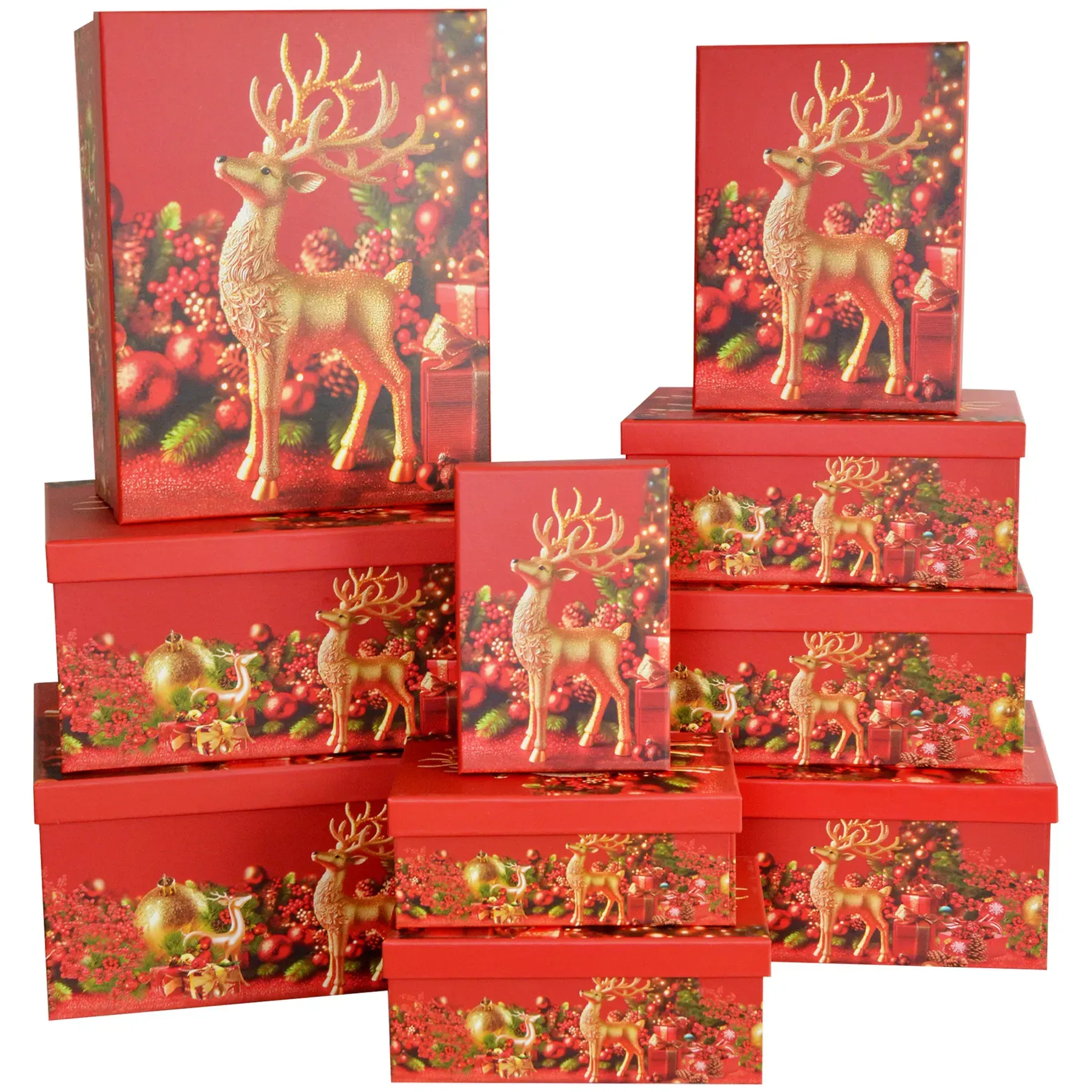 Подарункова коробка прямокутна НР, червона "Золоті олені", 35*27*15,5 см, 1110284019