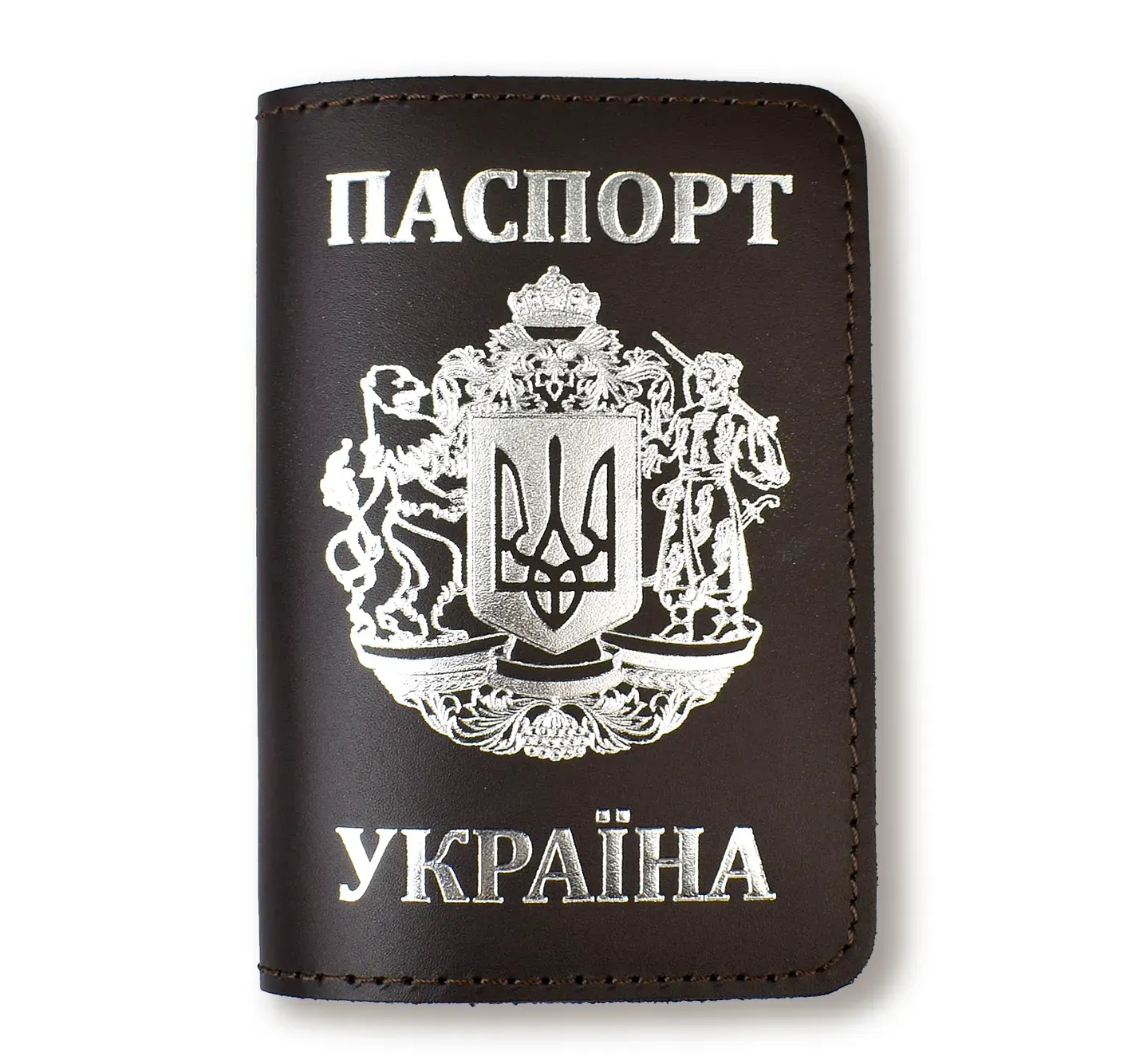 Обкладинка для паспорта "Україна з великим Гербом" (темно-коричнева, срібне тиснення)