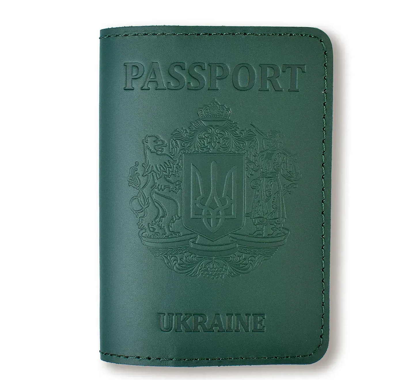 Обкладинка для паспорта Passport з великим Гербом (зелена, чисте тиснення)